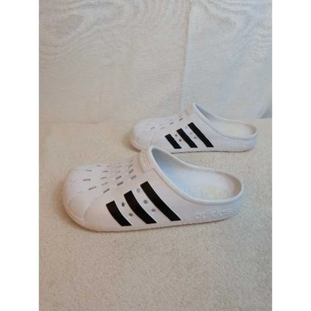 Adidas Adilette Aqua Slides White Black 3 Stripe Athleisure Clogs Mules Mens 8